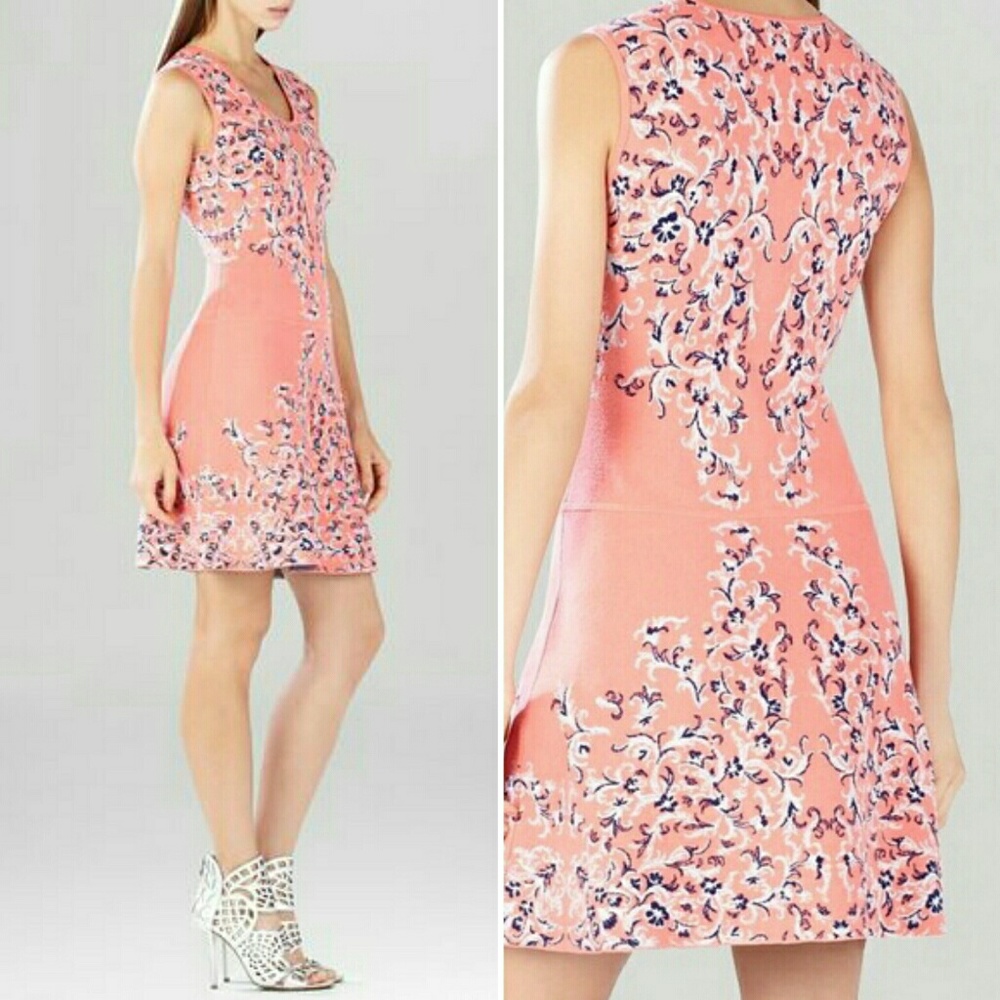 BCBGMaxazria Floral Knit Jacquard Sweater Dress Coral SZ Medium